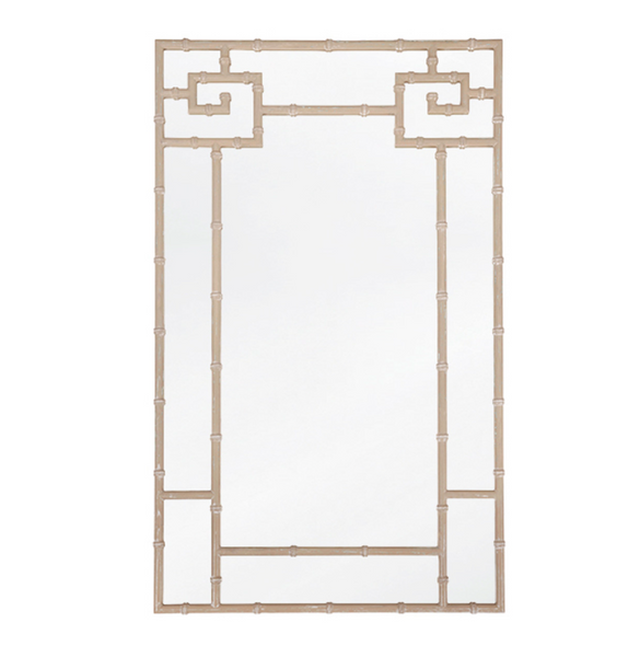 Tessa White Lacquer Greek Key Wall Mirror w/Bamboo Detail
