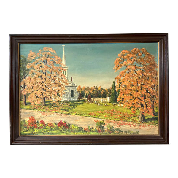 Framed Landscape Oil Painting of Wicoppee Church Fishkill, NY by Elaine Johnson (1966)