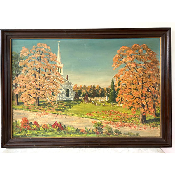 Framed Landscape Oil Painting of Wicoppee Church Fishkill, NY by Elaine Johnson (1966)