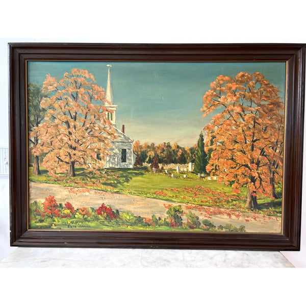 Framed Landscape Oil Painting of Wicoppee Church Fishkill, NY by Elaine Johnson (1966)