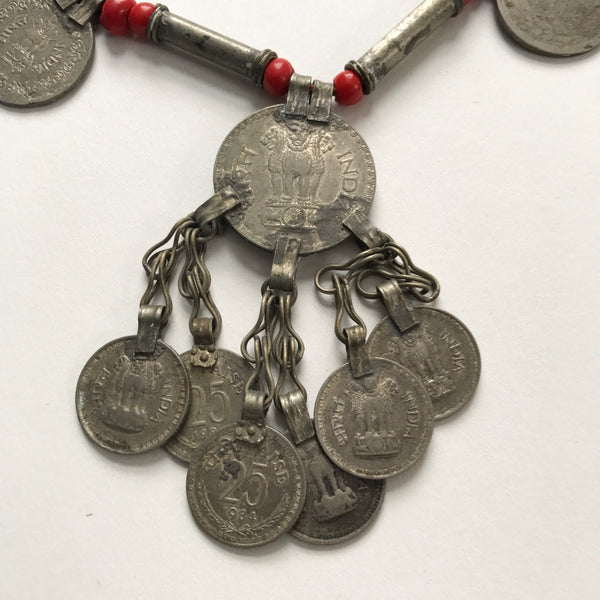26" Vintage Chinese Coin Beaded Necklace with Red Beaded Spacers