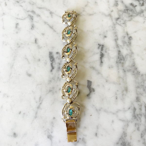 Vintage 1960s Coro Hollywood Glamour Bracelet with Faux Pearls and Aqua Rhinesetones