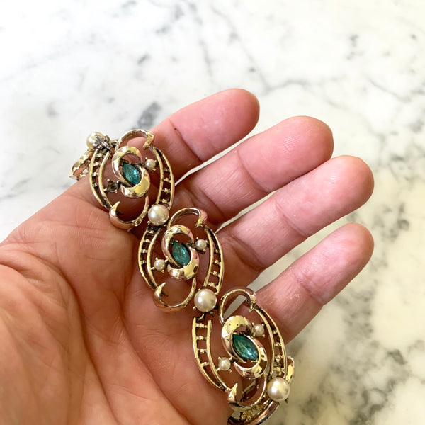 Vintage 1960s Coro Hollywood Glamour Bracelet with Faux Pearls and Aqua Rhinesetones
