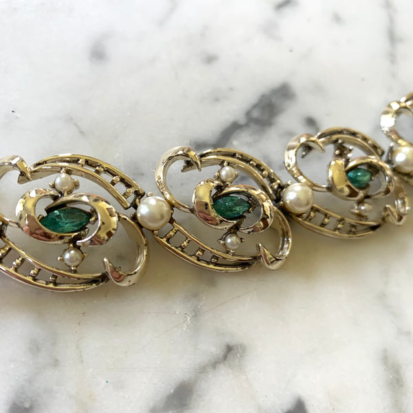 Vintage 1960s Coro Hollywood Glamour Bracelet with Faux Pearls and Aqua Rhinesetones
