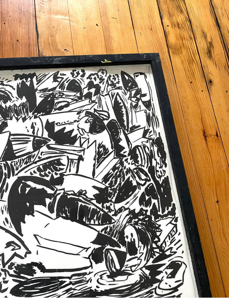 Kermit Oswald Ink On Paper Painting with Original Hand Made Frame