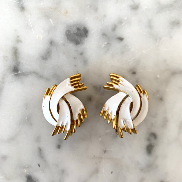 1950s Vintage Trifari Gold Tone and White Earrings