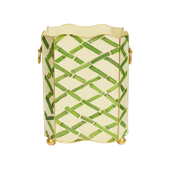 Wastebasket - Bamboo Handpainted Metal, Scallop Edged Square Wastebasket with Brass Lion Handles - 2 Color Options