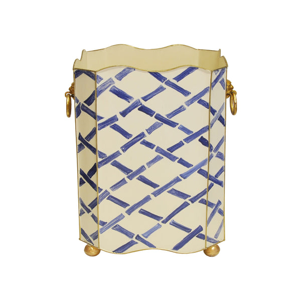 Wastebasket - Bamboo Handpainted Metal, Scallop Edged Square Wastebasket with Brass Lion Handles - 2 Color Options